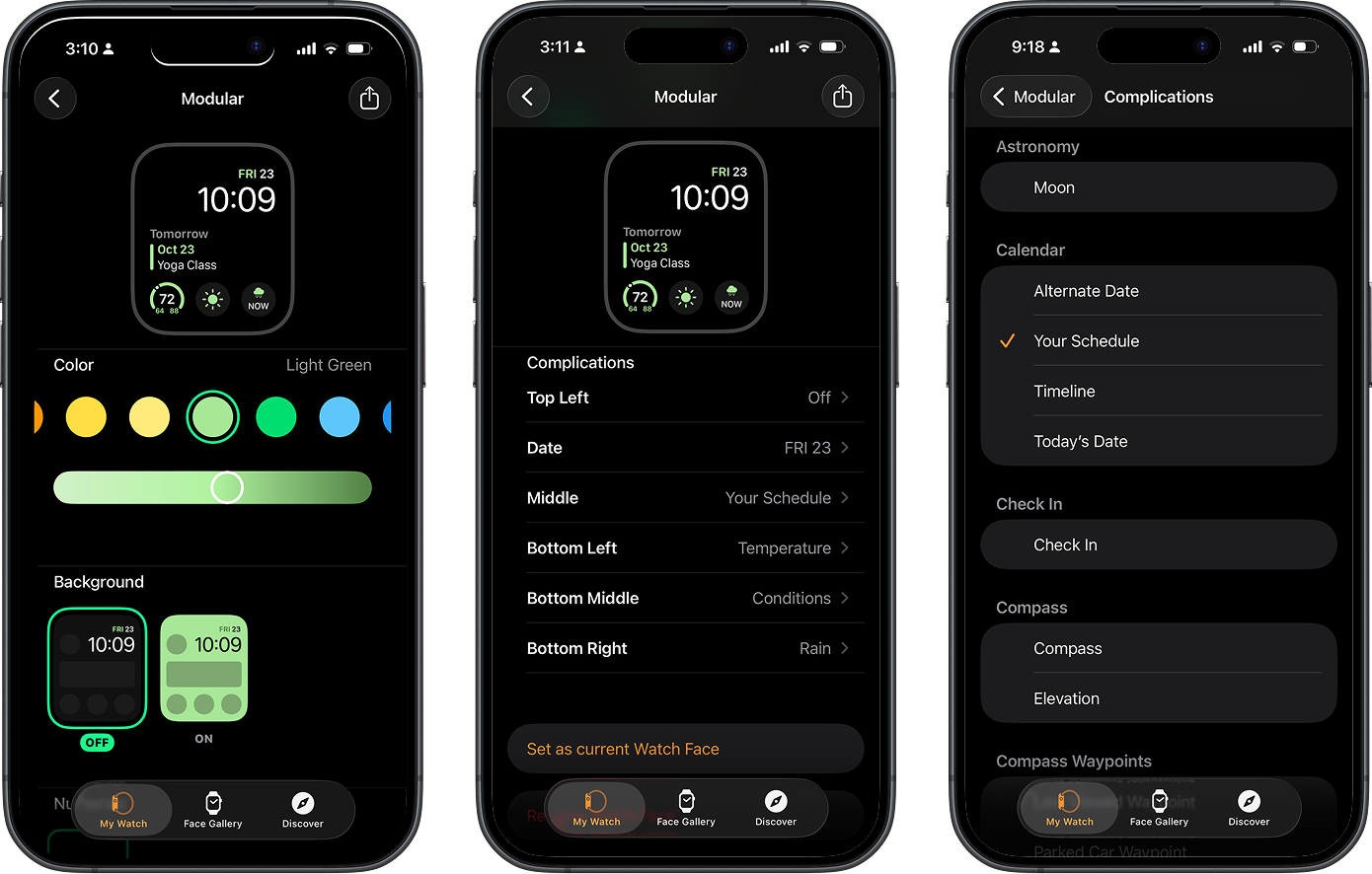 Three iPhone screens showing manual Apple Watch face configuration for color, complications, and complication choices.